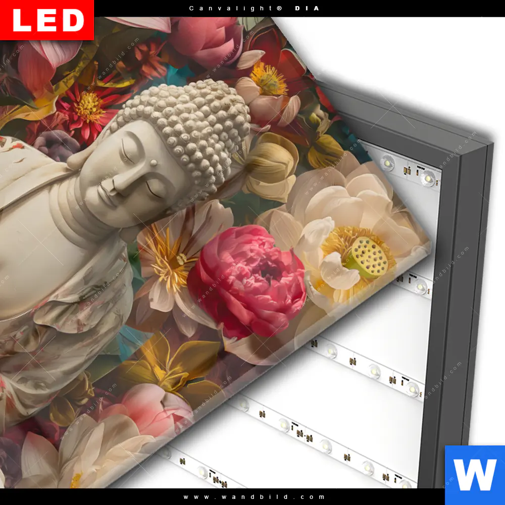 Wechselmotiv Acrylglas Canvalight® DIA | Buddha in farbenfrohen Blumen | Hochformat - Image 3