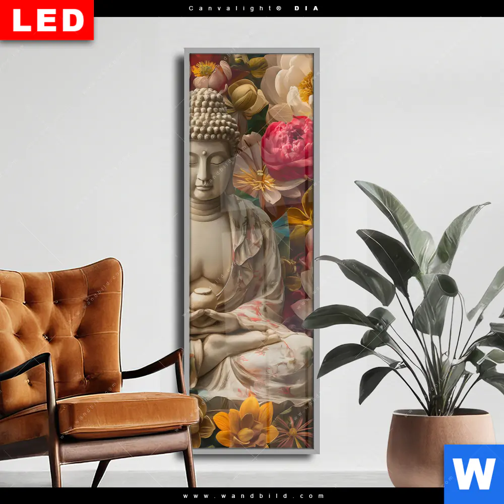 Wechselmotiv Acrylglas Canvalight® DIA | Buddha in farbenfrohen Blumen | Schmal