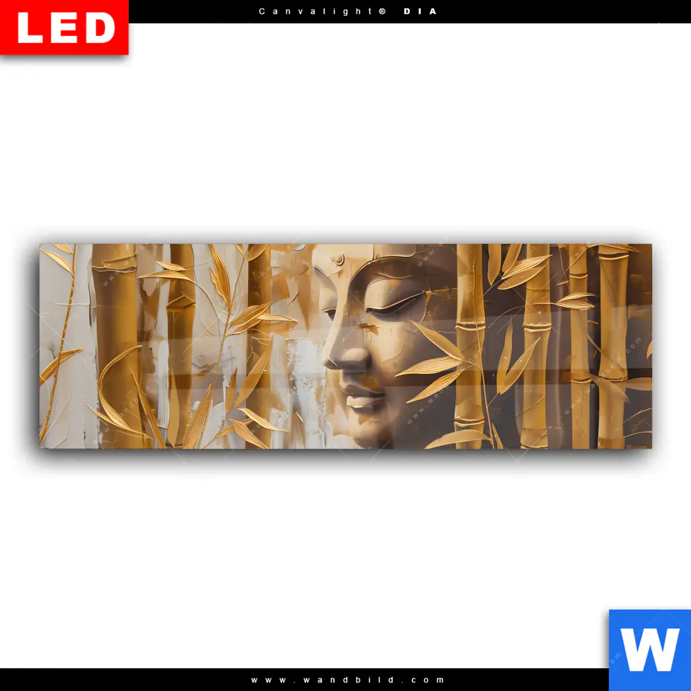 Wechselmotiv Acrylglas Canvalight® DIA | Buddha-Statue im goldenen Bambus | Panorama - Image 2