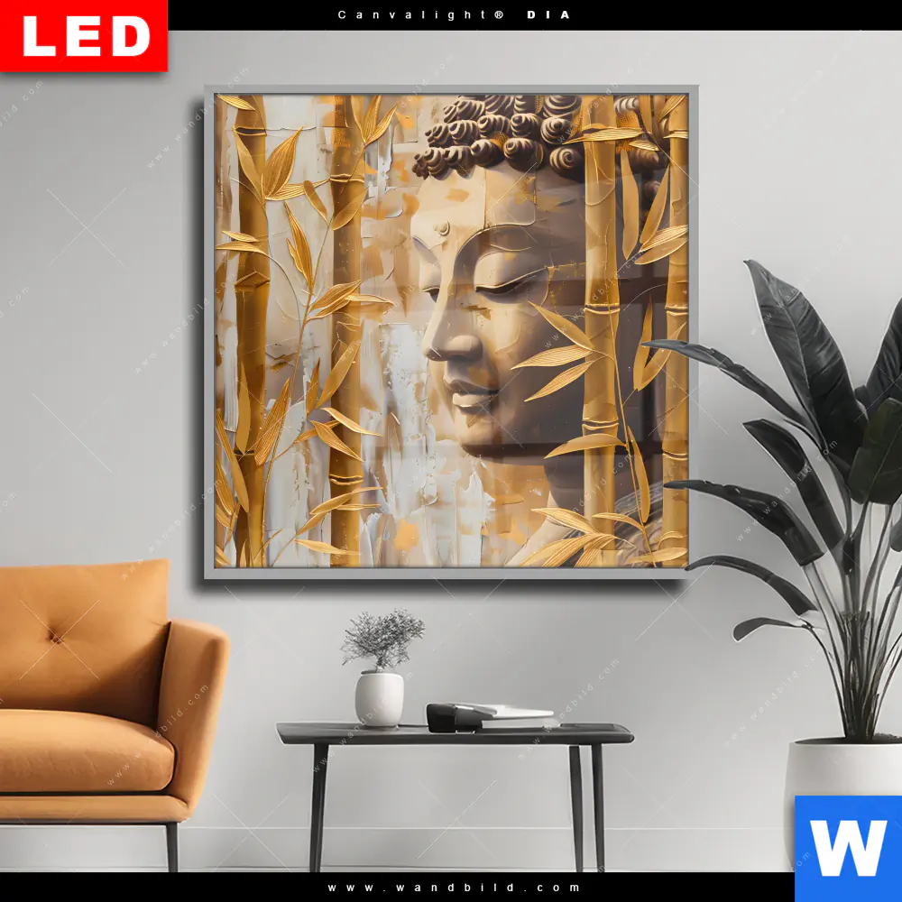 Wechselmotiv Acrylglas Canvalight® DIA | Buddha-Statue im goldenen Bambus | Quadrat