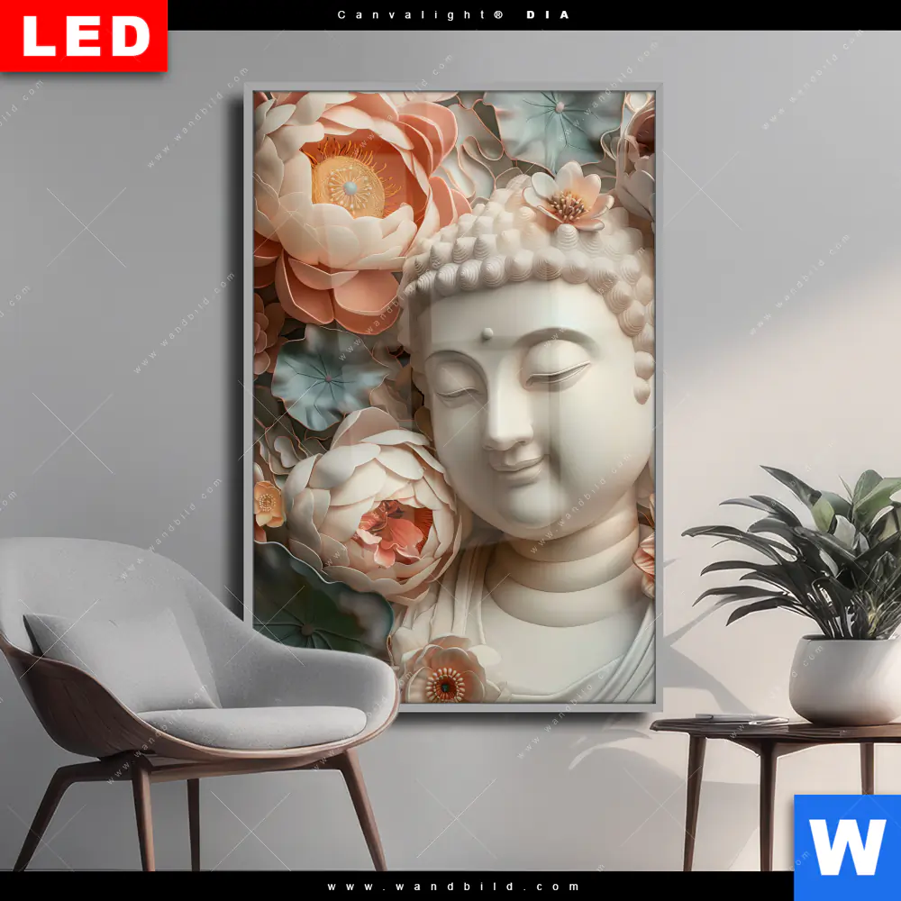 Wechselmotiv Acrylglas Canvalight® DIA | Buddha-Statue mit Blüten | Hochformat