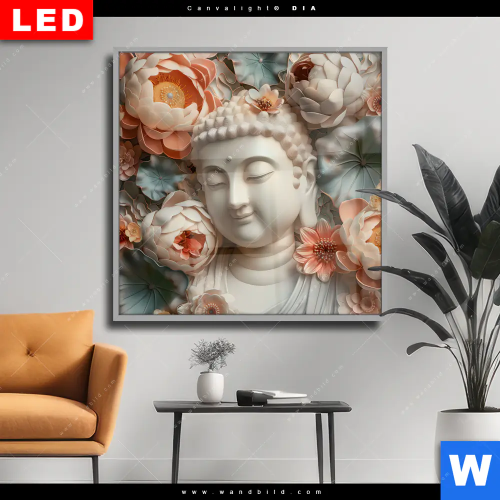 Wechselmotiv Acrylglas Canvalight® DIA | Buddha-Statue mit Blüten | Quadrat