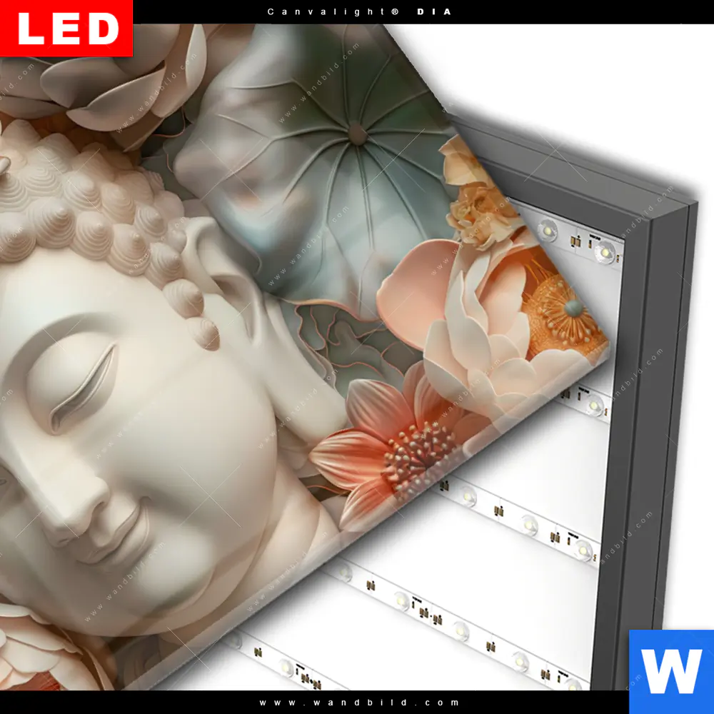 Wechselmotiv Acrylglas Canvalight® DIA | Buddha-Statue mit Blüten | Querformat - Image 3