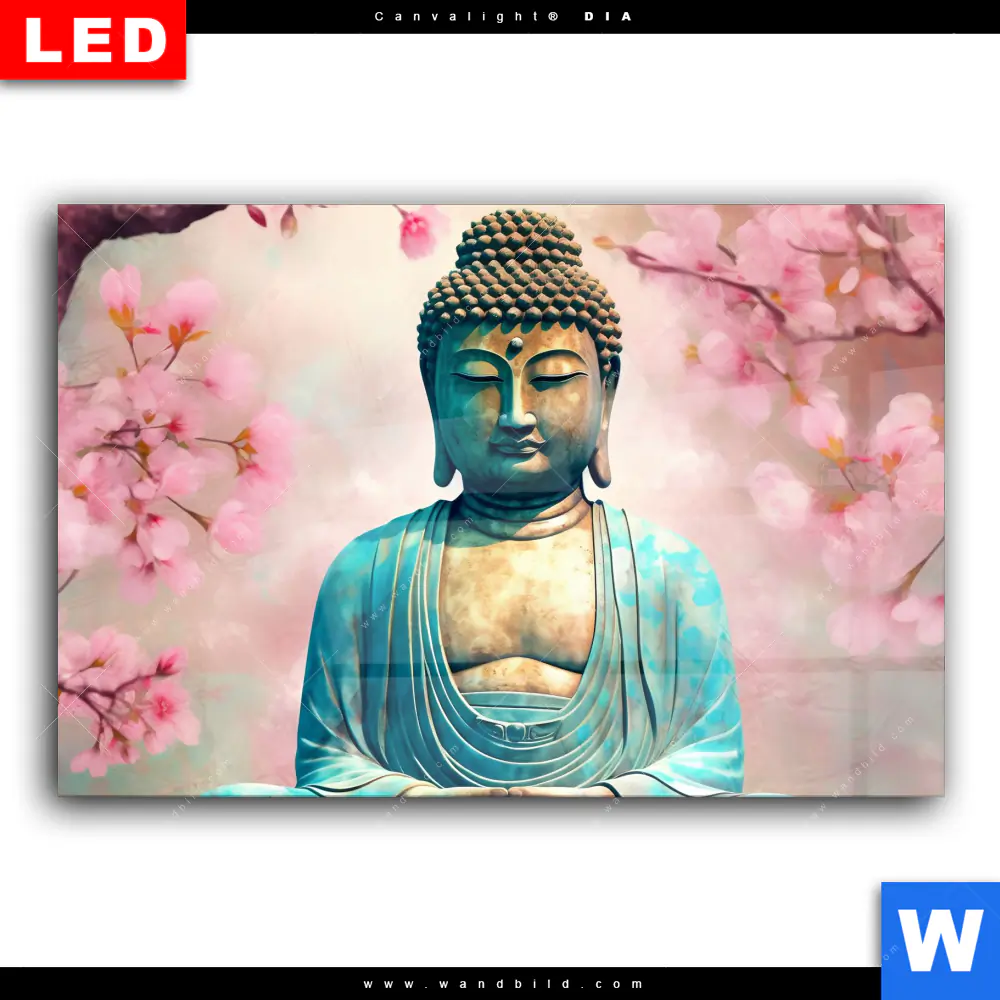 Wechselmotiv Acrylglas Canvalight® DIA | Buddha Statue mit Kirschblüten | Querformat - Image 2
