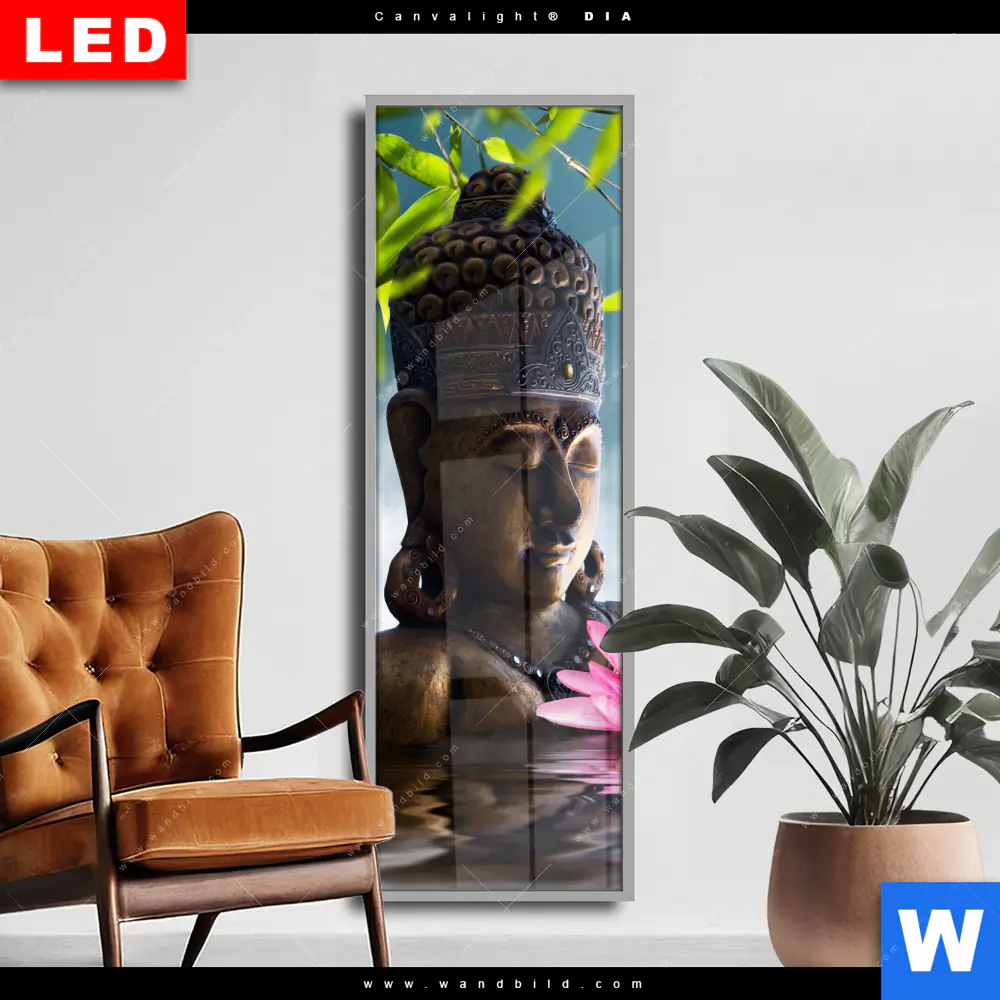 Wechselmotiv Acrylglas Canvalight® DIA | Buddha Statue mit Seerose | Schmal