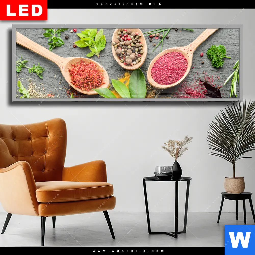 Wechselmotiv Acrylglas Canvalight® DIA | Bunte Gewürze in Holzlöffeln | Panorama