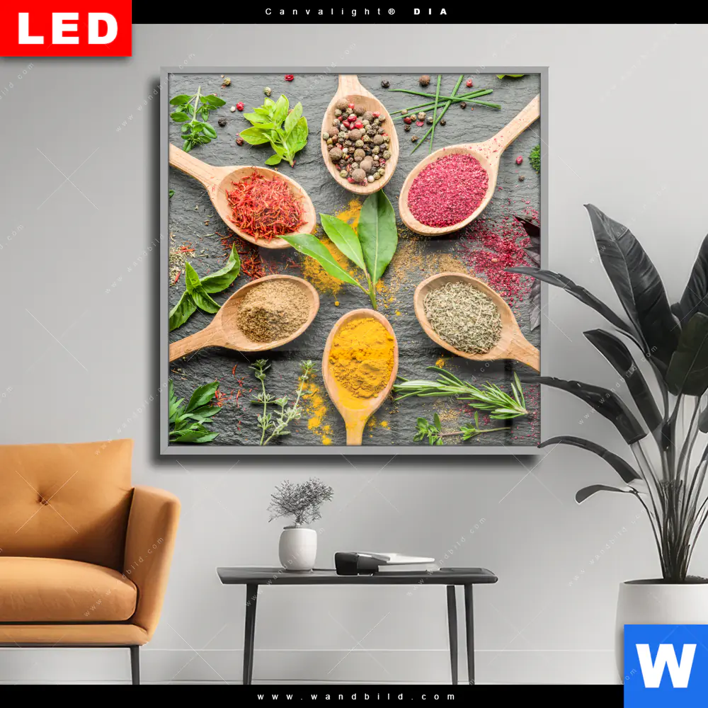 Wechselmotiv Acrylglas Canvalight® DIA | Bunte Gewürze in Holzlöffeln | Quadrat