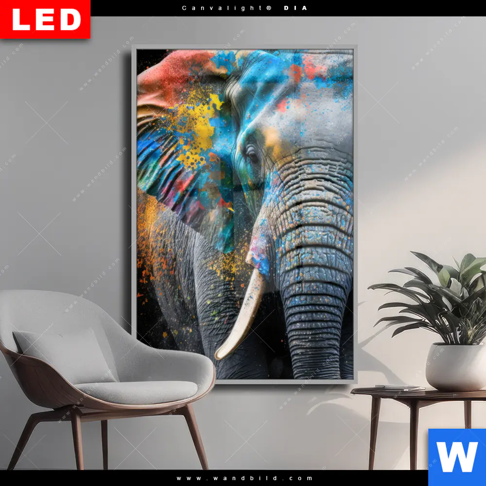 Wechselmotiv Acrylglas Canvalight® DIA | Bunter Elefant | Hochformat