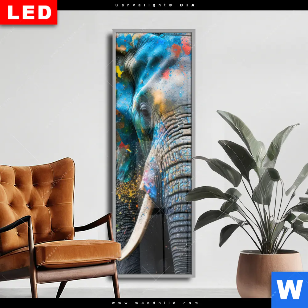 Wechselmotiv Acrylglas Canvalight® DIA | Bunter Elefant | Schmal