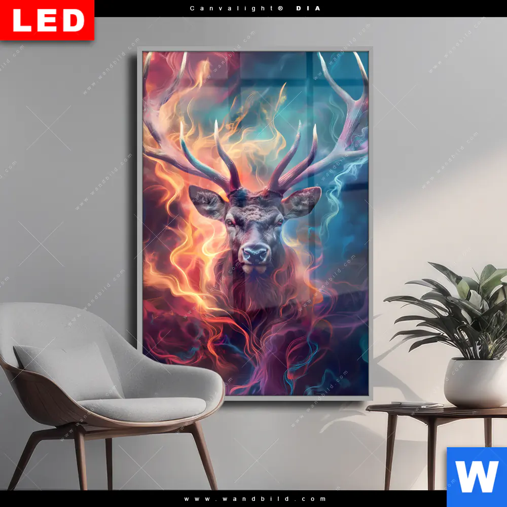 Wechselmotiv Acrylglas Canvalight® DIA | Bunter Hirsch in Flammen | Hochformat