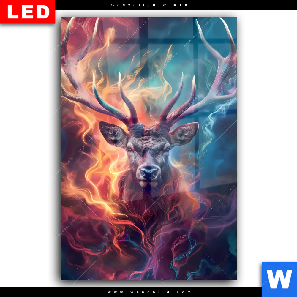 Wechselmotiv Acrylglas Canvalight® DIA | Bunter Hirsch in Flammen | Hochformat - Image 2