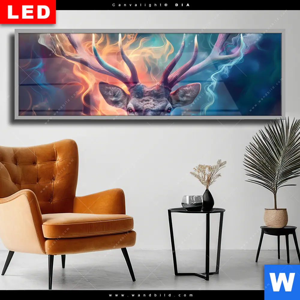 Wechselmotiv Acrylglas Canvalight® DIA | Bunter Hirsch in Flammen | Panorama