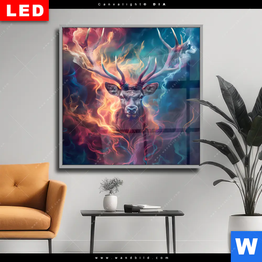 Wechselmotiv Acrylglas Canvalight® DIA | Bunter Hirsch in Flammen | Quadrat