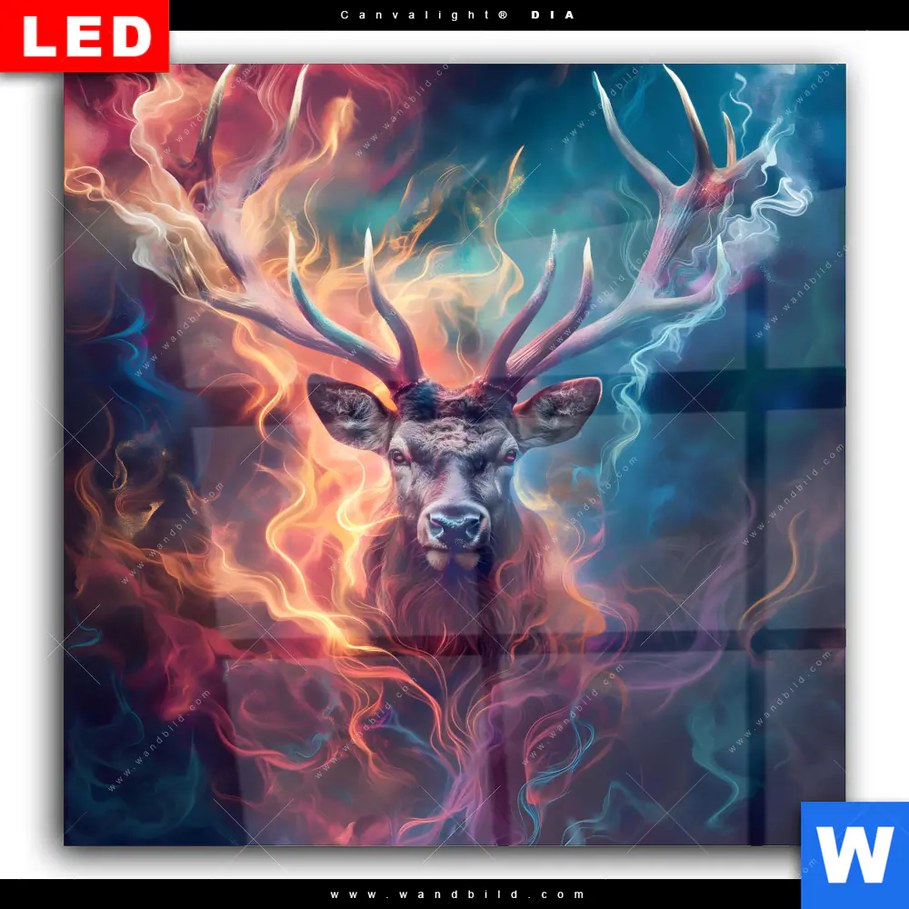 Wechselmotiv Acrylglas Canvalight® DIA | Bunter Hirsch in Flammen | Quadrat - Image 2