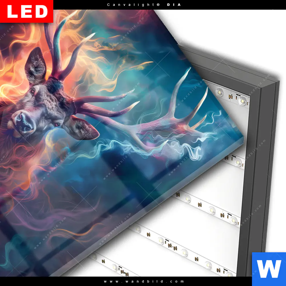 Wechselmotiv Acrylglas Canvalight® DIA | Bunter Hirsch in Flammen | Quadrat - Image 3