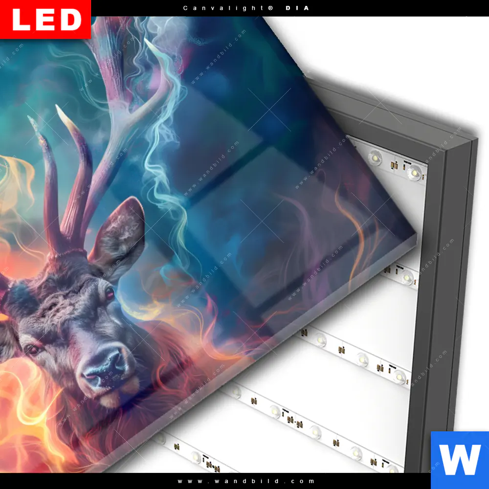 Wechselmotiv Acrylglas Canvalight® DIA | Bunter Hirsch in Flammen | Querformat - Image 3