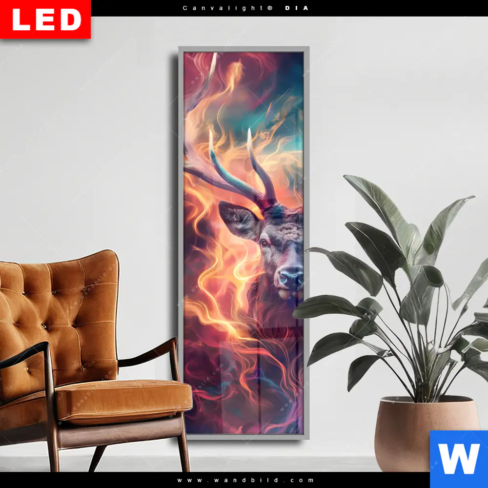 Wechselmotiv Acrylglas Canvalight® DIA | Bunter Hirsch in Flammen | Schmal