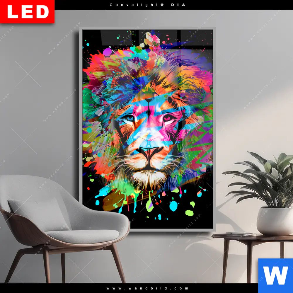 Wechselmotiv Acrylglas Canvalight® DIA | Bunter Löwe Schwarz | Hochformat