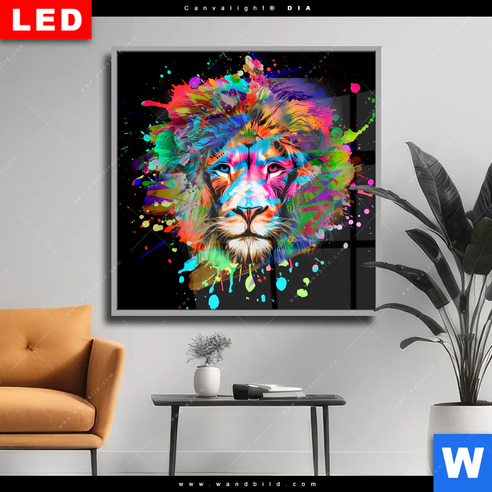 Wechselmotiv Acrylglas Canvalight® DIA | Bunter Löwe Schwarz | Quadrat