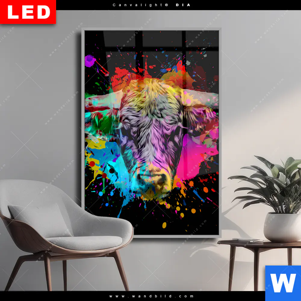 Wechselmotiv Acrylglas Canvalight® DIA | Bunter Stier Schwarz | Hochformat