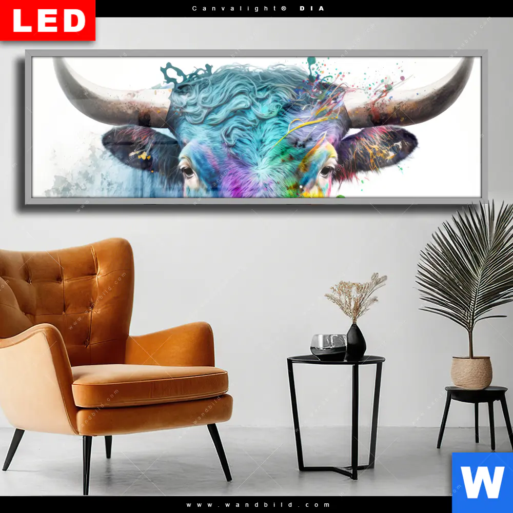 Wechselmotiv Acrylglas Canvalight® DIA | Bunter Stierkopf | Panorama