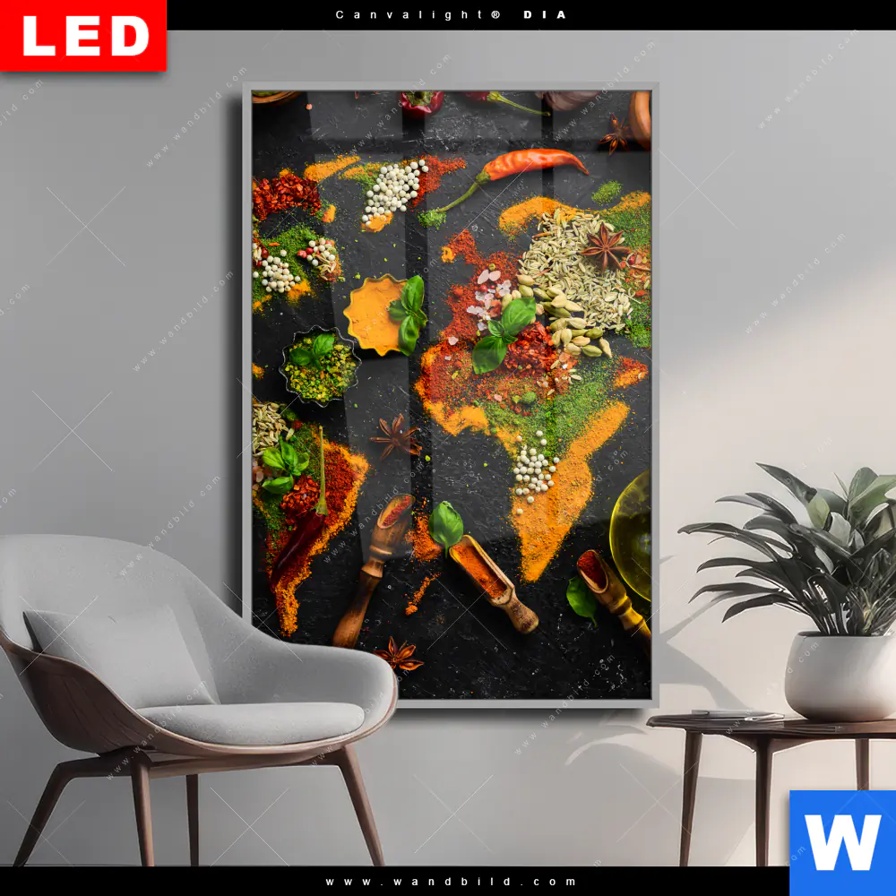 Wechselmotiv Acrylglas Canvalight® DIA | Die Weltkarte der Gewürze | Hochformat