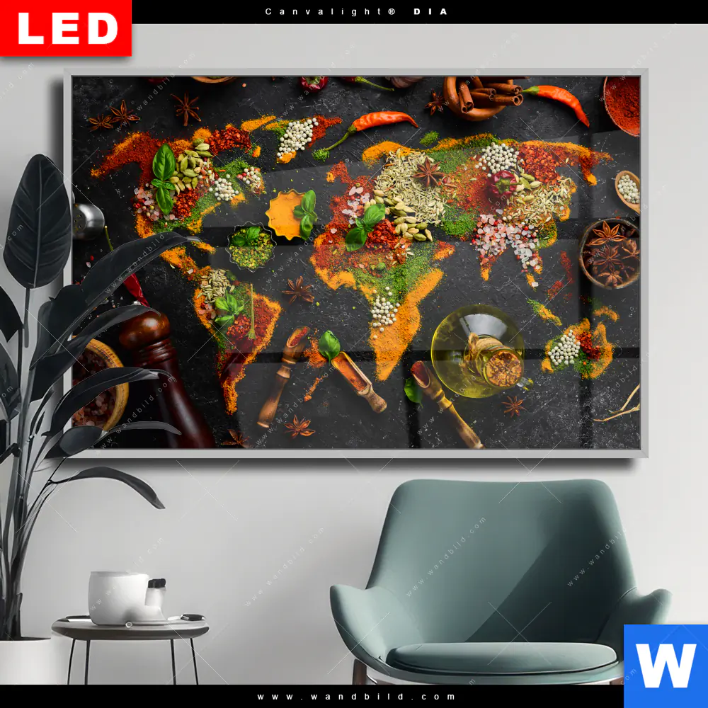 Wechselmotiv Acrylglas Canvalight® DIA | Die Weltkarte der Gewürze | Querformat