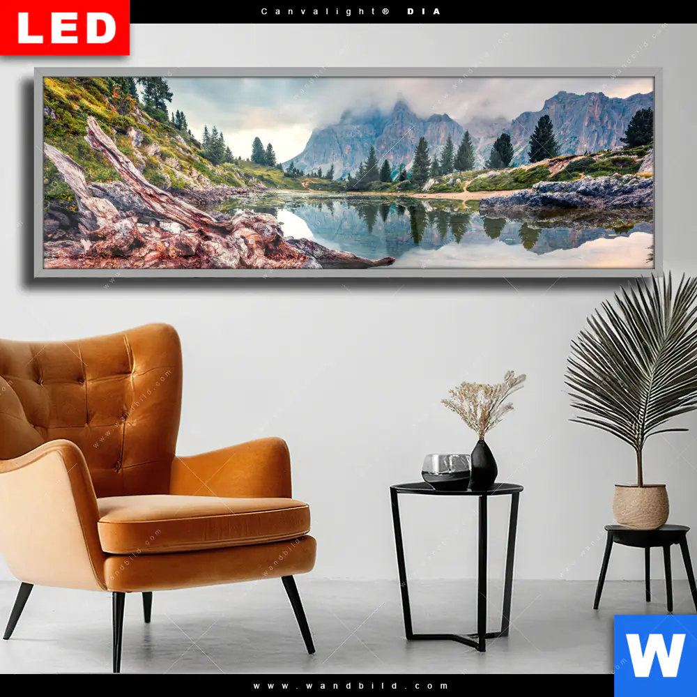 Wechselmotiv Acrylglas Canvalight® DIA | Dramatischer Morgenblick am See | Panorama