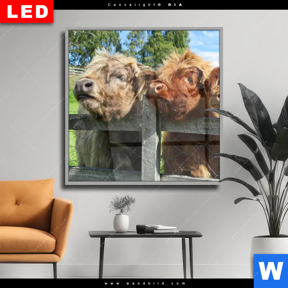 Wechselmotiv Acrylglas Canvalight® DIA | Drei Schottische Rinder | Quadrat