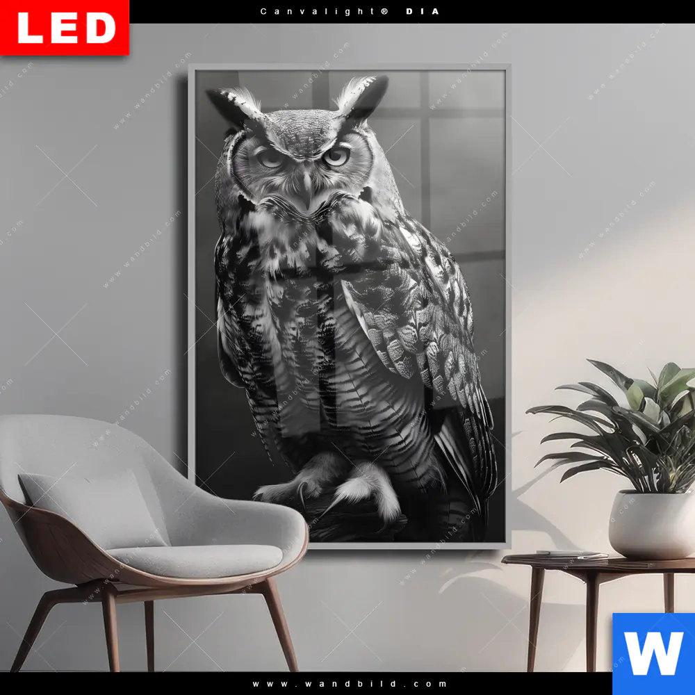 Wechselmotiv Acrylglas Canvalight® DIA | Düstere Eleganz der Eule | Hochformat