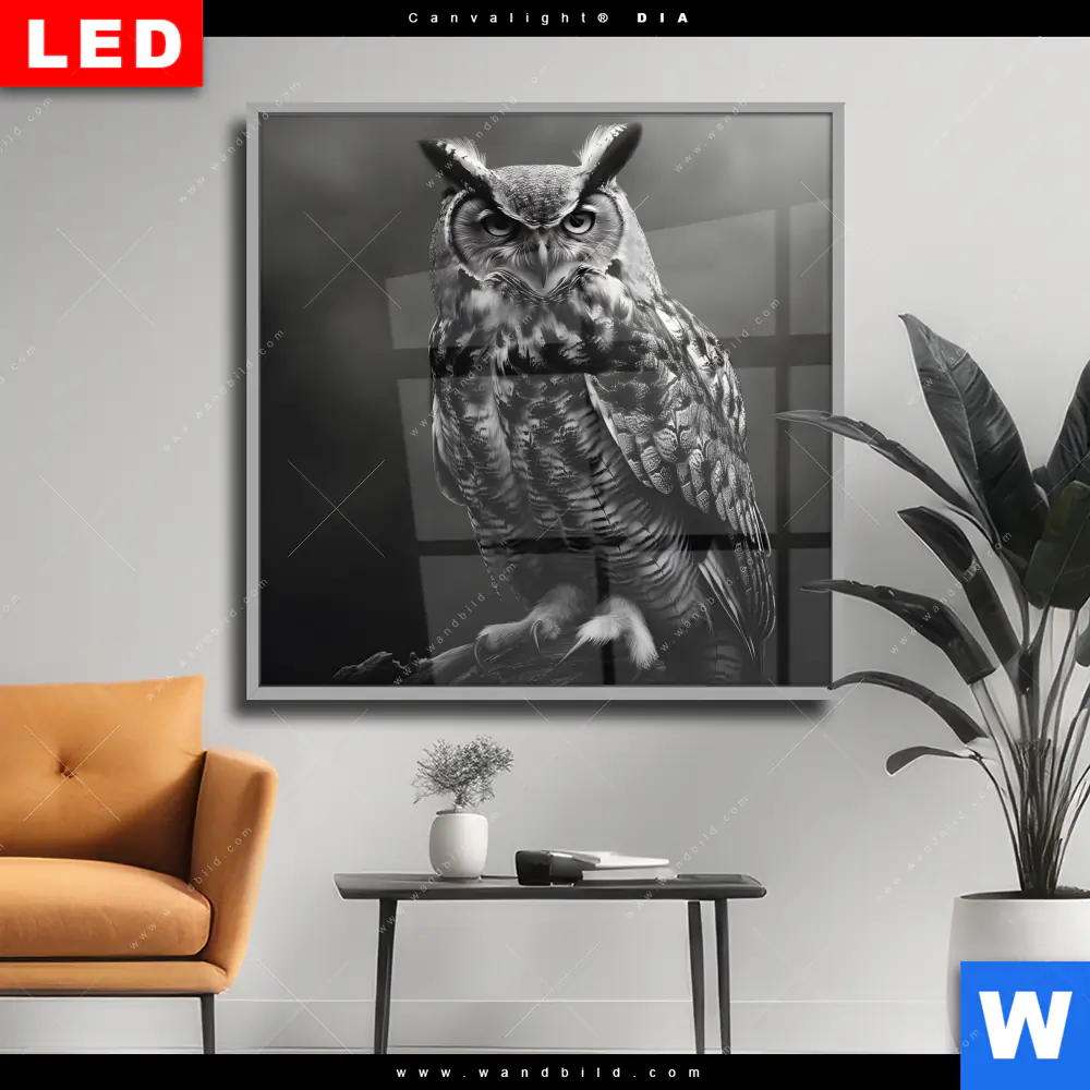Wechselmotiv Acrylglas Canvalight® DIA | Düstere Eleganz der Eule | Quadrat