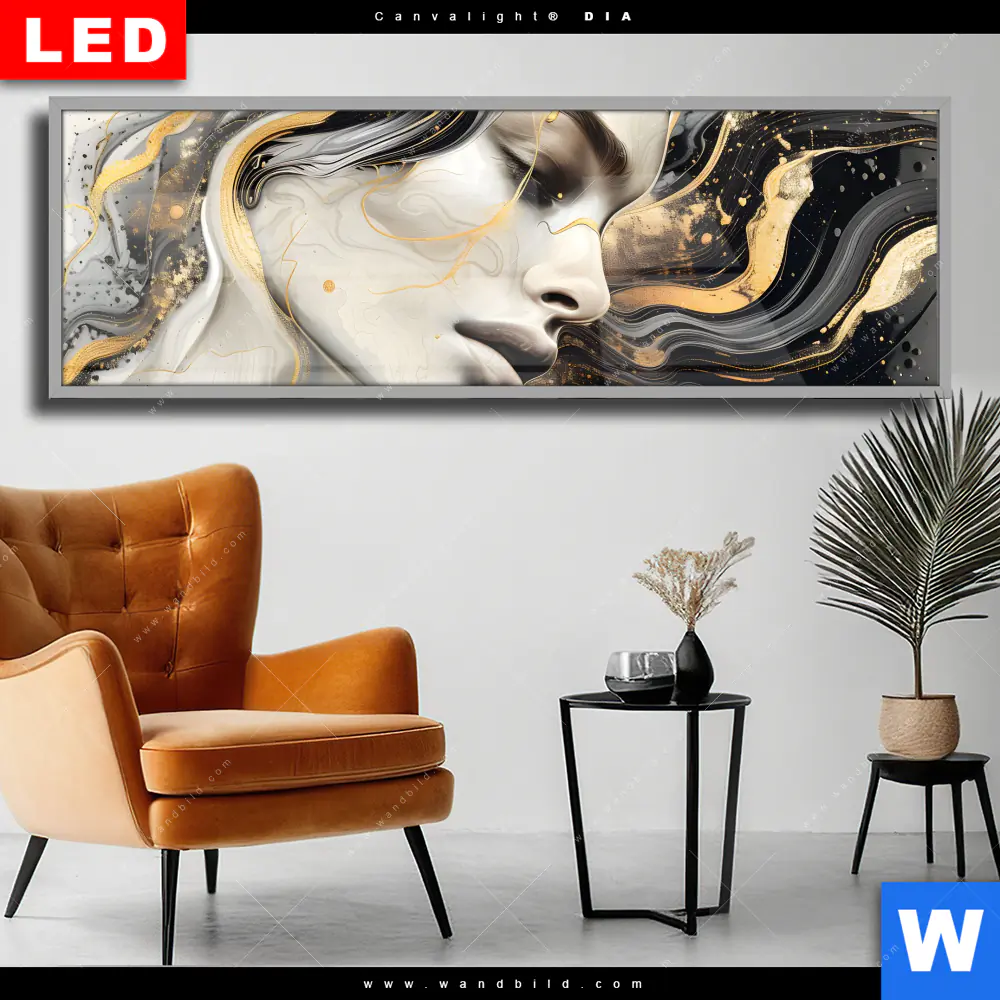 Wechselmotiv Acrylglas Canvalight® DIA | Elegantes gold-schwarzes Porträt | Panorama
