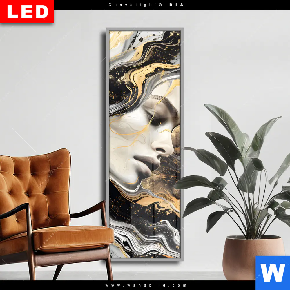 Wechselmotiv Acrylglas Canvalight® DIA | Elegantes gold-schwarzes Porträt | Schmal