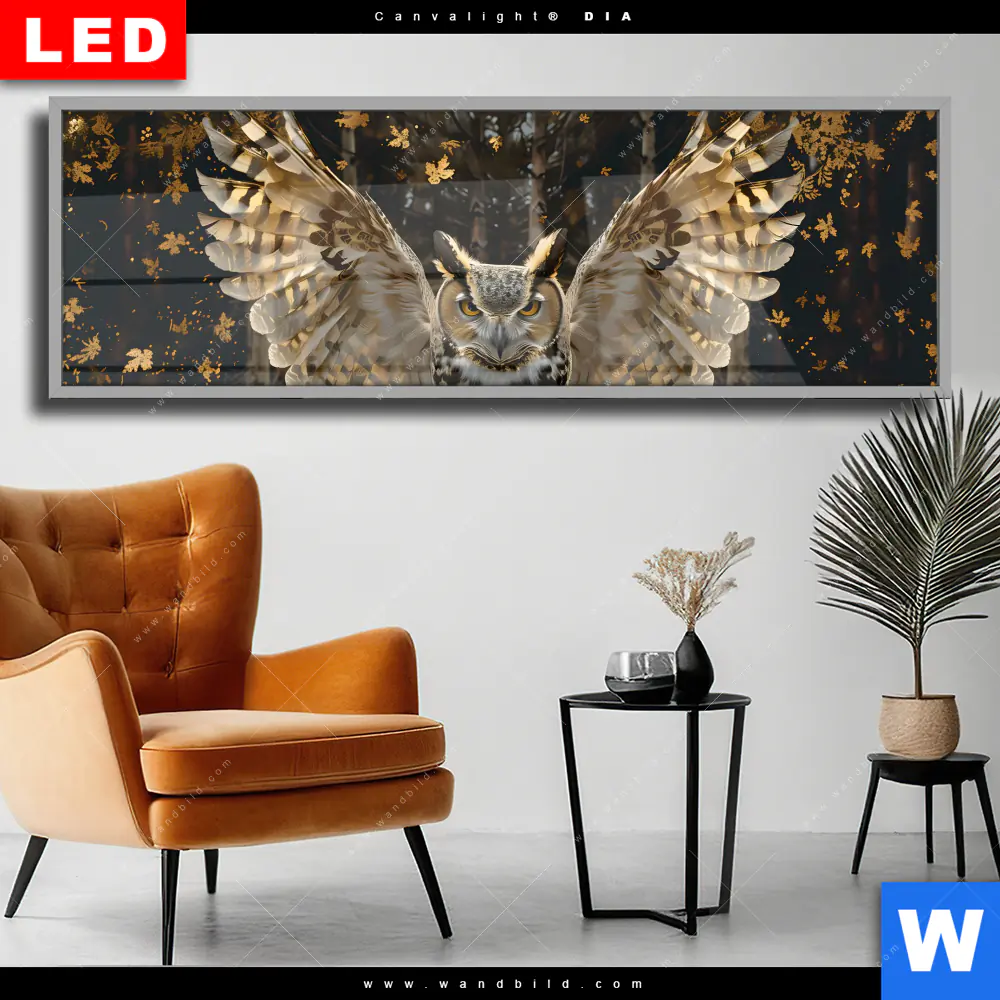 Wechselmotiv Acrylglas Canvalight® DIA | Eule inmitten goldener Blätter | Panorama