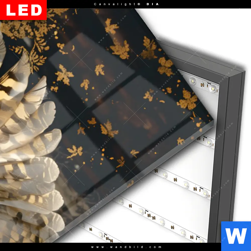 Wechselmotiv Acrylglas Canvalight® DIA | Eule inmitten goldener Blätter | Panorama - Image 3
