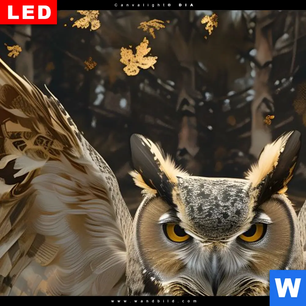Wechselmotiv Acrylglas Canvalight® DIA | Eule inmitten goldener Blätter | Quadrat - Image 4
