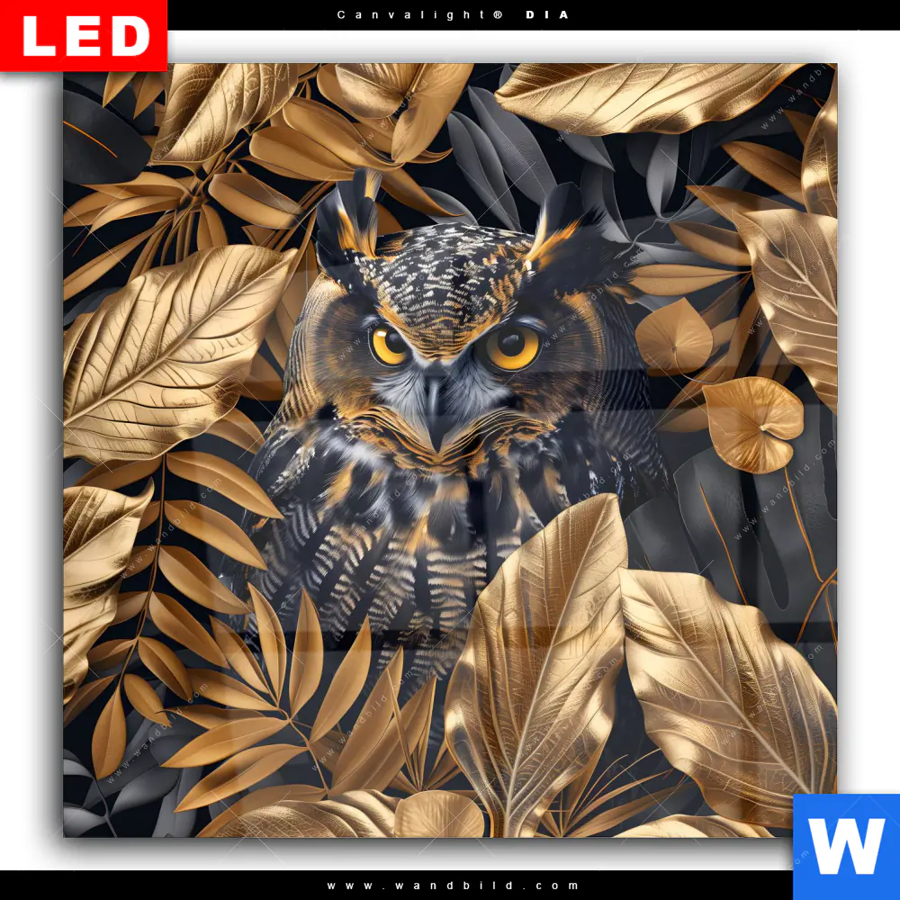 Wechselmotiv Acrylglas Canvalight® DIA | Eule und goldene Blätter | Quadrat - Image 2