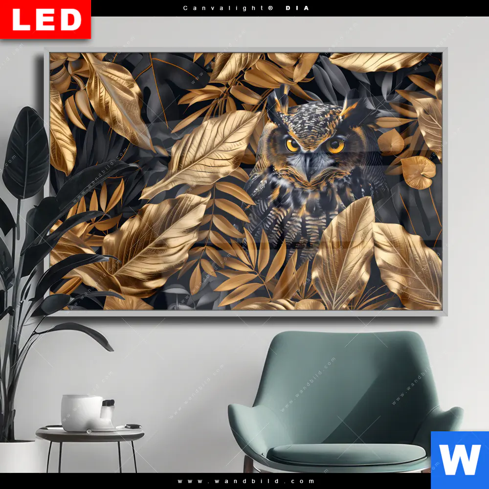 Wechselmotiv Acrylglas Canvalight® DIA | Eule und goldene Blätter | Querformat