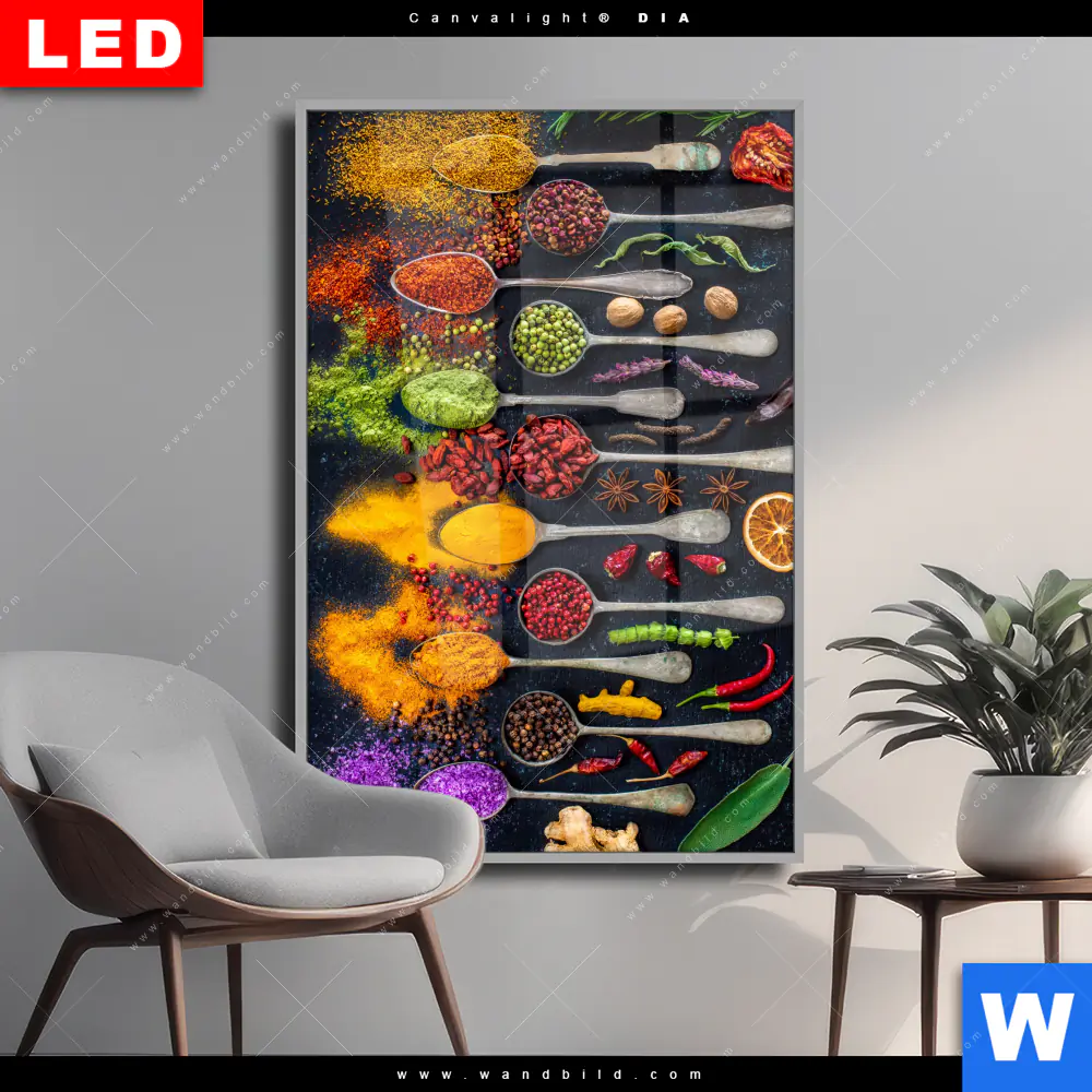 Wechselmotiv Acrylglas Canvalight® DIA | Exotische Gewürze auf Löffeln | Hochformat