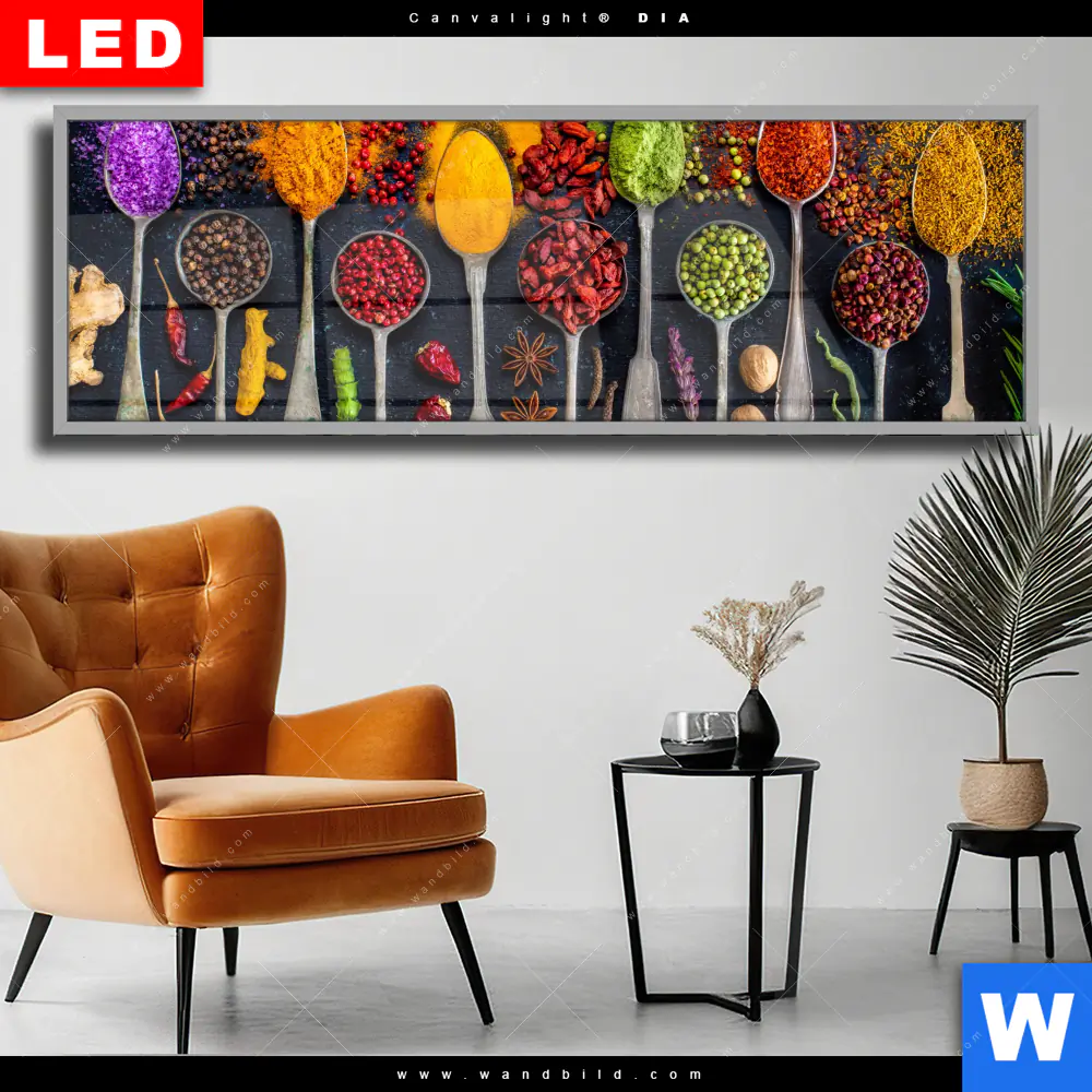 Wechselmotiv Acrylglas Canvalight® DIA | Exotische Gewürze auf Löffeln | Panorama