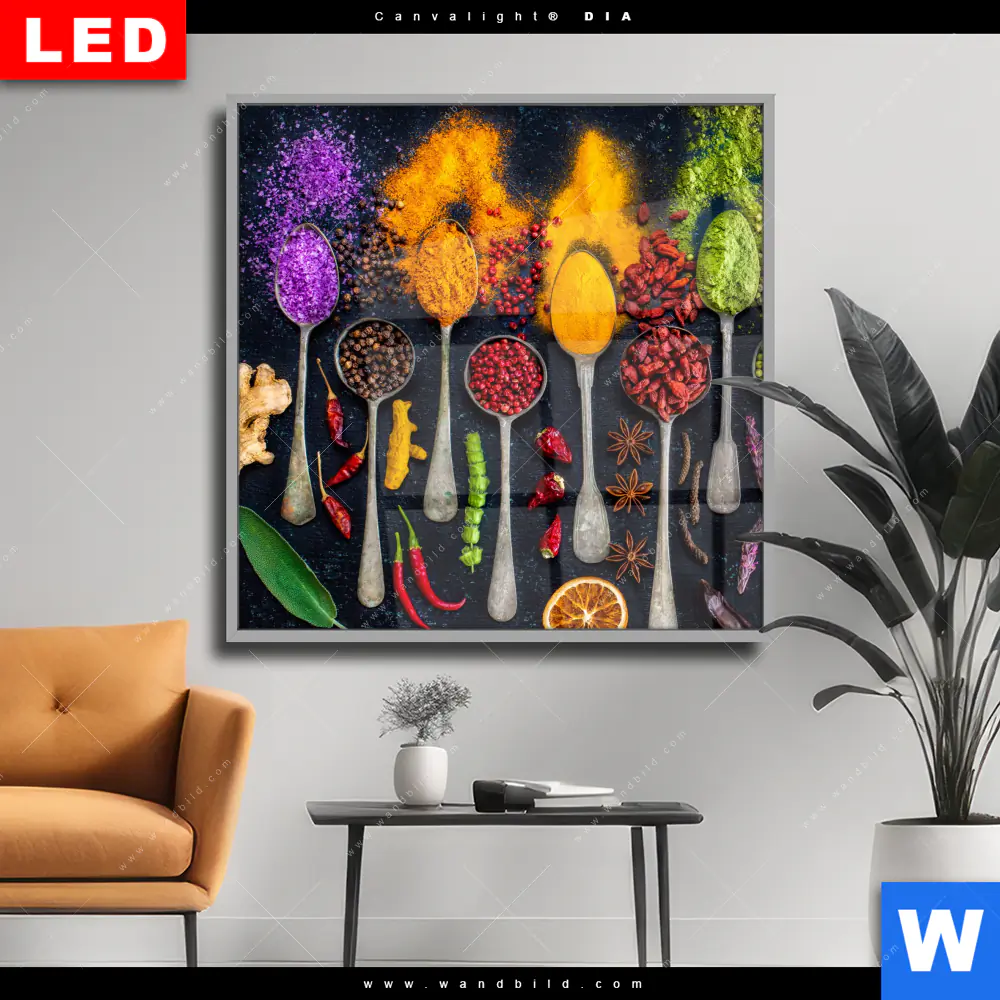 Wechselmotiv Acrylglas Canvalight® DIA | Exotische Gewürze auf Löffeln | Quadrat