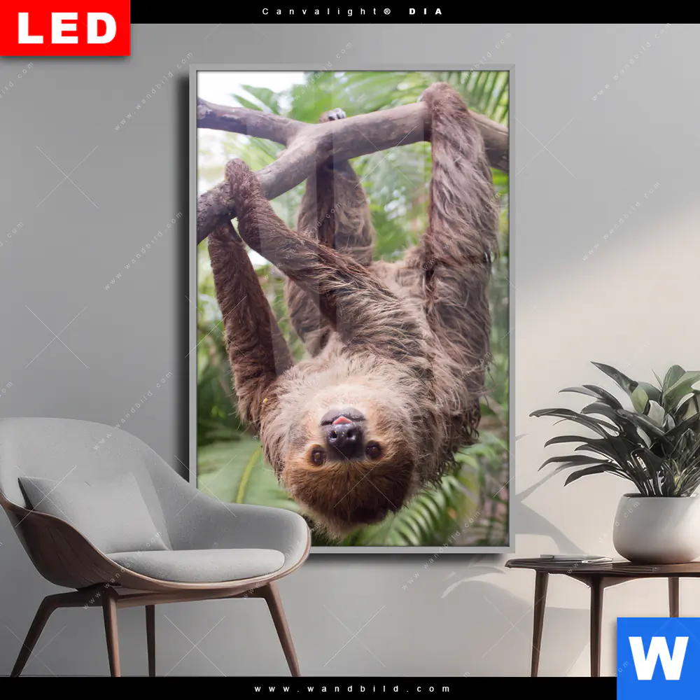 Wechselmotiv Acrylglas Canvalight® DIA | Faultier streckt Zunge raus | Hochformat