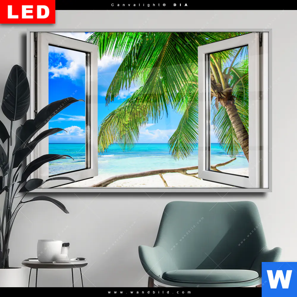 Wechselmotiv Acrylglas Canvalight® DIA | Fensterblick Karibik Palme | Querformat