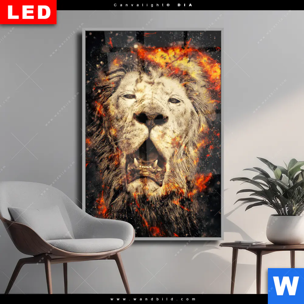 Wechselmotiv Acrylglas Canvalight® DIA | Feuer Löwe | Hochformat