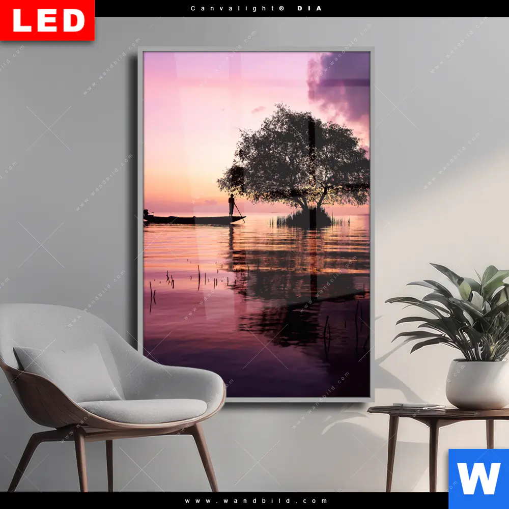 Wechselmotiv Acrylglas Canvalight® DIA | Fischer auf Boot Sonnenaufgang | Hochformat
