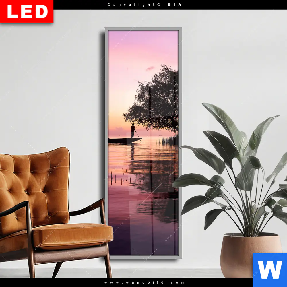Wechselmotiv Acrylglas Canvalight® DIA | Fischer auf Boot Sonnenaufgang | Schmal