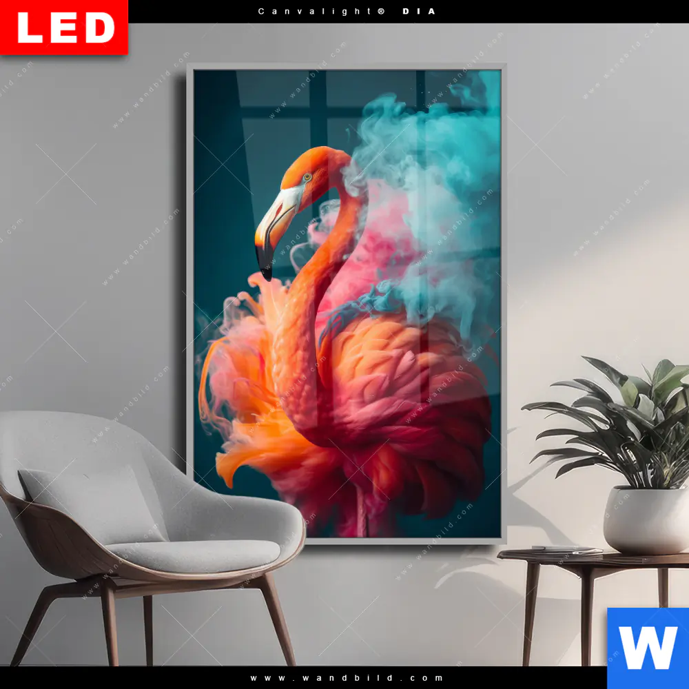 Wechselmotiv Acrylglas Canvalight® DIA | Flamingo in bunter Rauchwolke | Hochformat