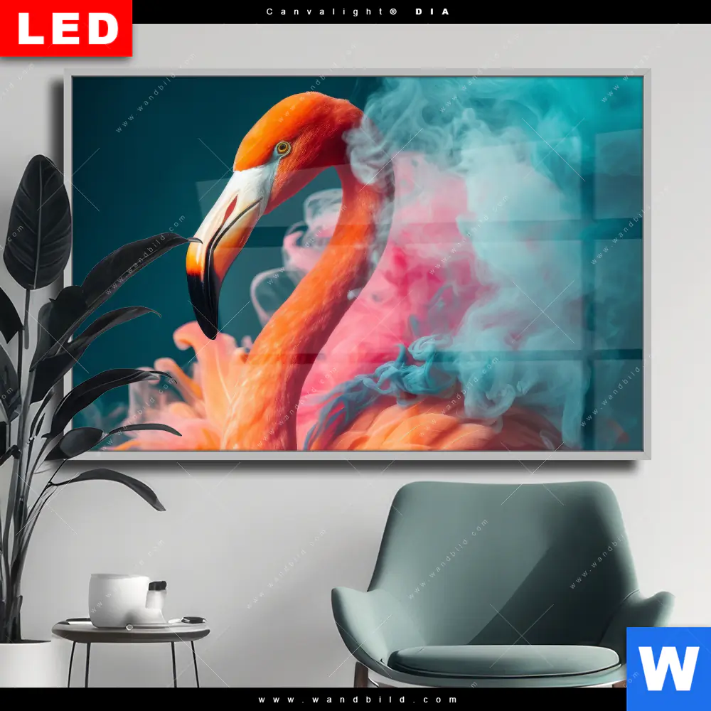 Wechselmotiv Acrylglas Canvalight® DIA | Flamingo in bunter Rauchwolke | Querformat