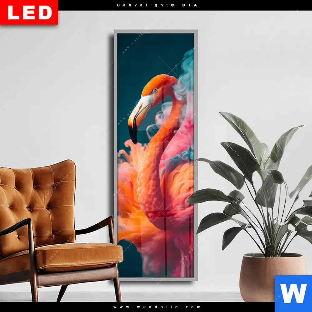 Wechselmotiv Acrylglas Canvalight® DIA | Flamingo in bunter Rauchwolke | Schmal