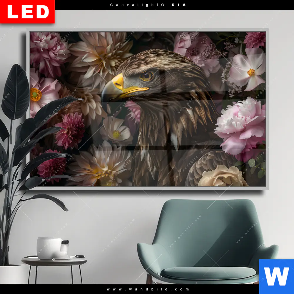 Wechselmotiv Acrylglas Canvalight® DIA | Florale Eleganz und Adlerblick | Querformat